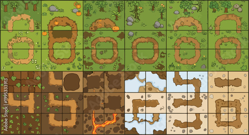 Top-down game map tileset, cartoon forest and dungeon environment assets, 2D level design grid for mobile gaming, modular terrain vector kit