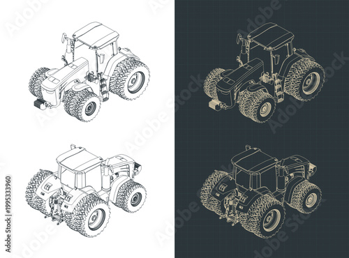Modern agricultural tractor isometric technical drawings
