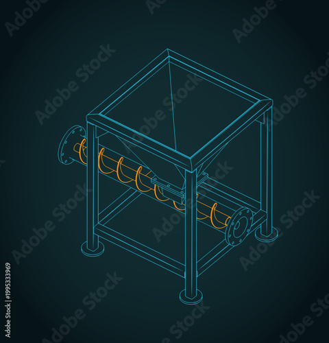 Screw conveyor cutaway view showing internal auger isometric technical drawing