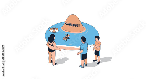 Isometric illustration of people interacting with a sombrero and beach scene.