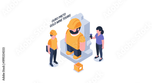 Isometric Illustration of Gold Mine Workers and Gold Ore.