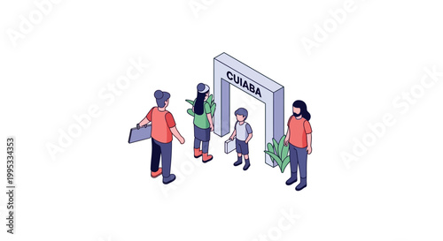 Isometric illustration of people at a city entrance, tourism concept.