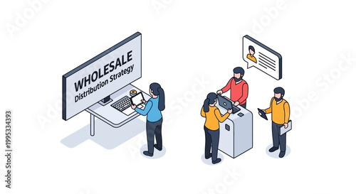 Isometric illustration of business people working on a wholesale distribution strategy.