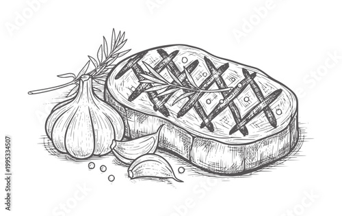 Hand drawn grilled steak with garlic and rosemary sprigs herb