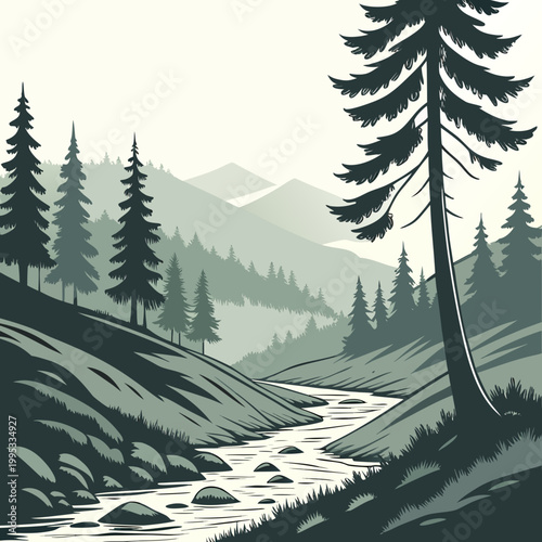 A serene landscape depicts a winding river flowing through a lush mountainous forest in a vintage woodcut style high quality professional detailed