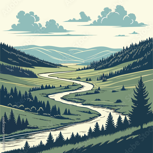 Billede på lærred A picturesque landscape depicts a winding river flowing through a lush green val