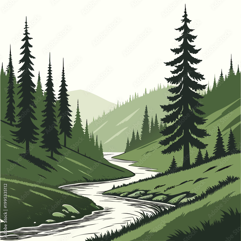 Fototapeta premium A stylized illustration depicts a winding river flowing through a lush green valley framed by towering evergreen trees and rolling hills