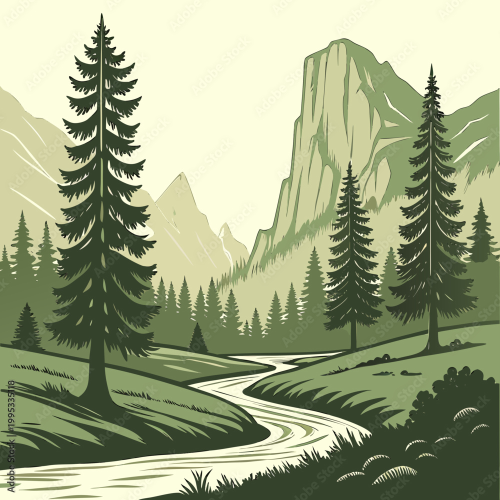 Fototapeta premium A serene landscape depicts a winding river flowing through a lush valley framed by majestic mountains and towering evergreen trees high quality