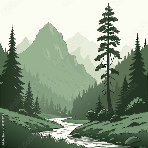 A serene landscape depicts a winding river flowing through a lush green forest towards majestic layered mountains high quality professional detailed modern