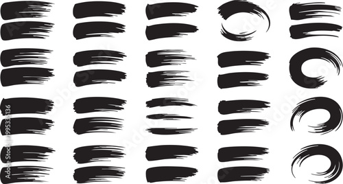 Grunge black ink brush strokes set, hand drawn paint texture elements, 32 artistic vector brush smears for graphic design and calligraphy