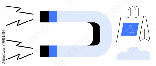 Customer acquisition, marketing strategies, sales generation, sustainability, eco-friendly branding, recycling. A magnet attracting toward a shopping bag with a recycling symbol. Customer acquisition