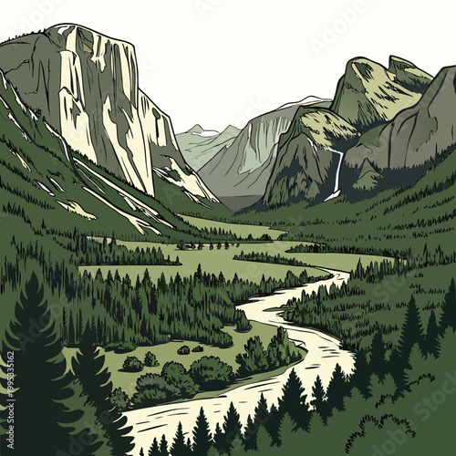 Photos A stylized illustration depicts yosemite valley showcasing el capitan half dome
