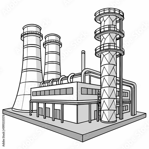 A detailed line drawing depicts an industrial power plant with multiple smokestacks and complex architectural elements high quality professional modern elegant stylish
