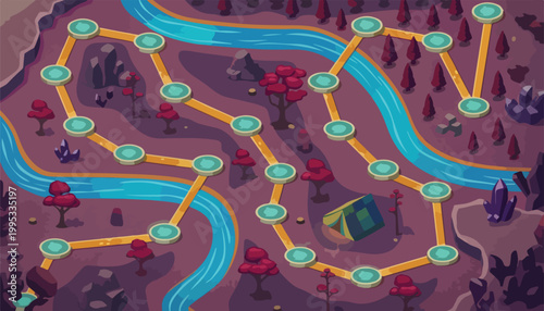 Fantasy game map level selector, mobile game UI world map with river and forest, cartoon adventure path with level nodes and camping tent