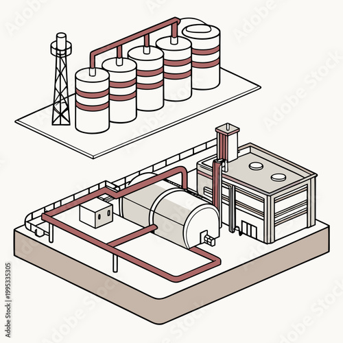 An isometric illustration depicts an industrial complex with storage tanks pipelines and a processing facility showcasing infrastructure high quality professional detailed modern