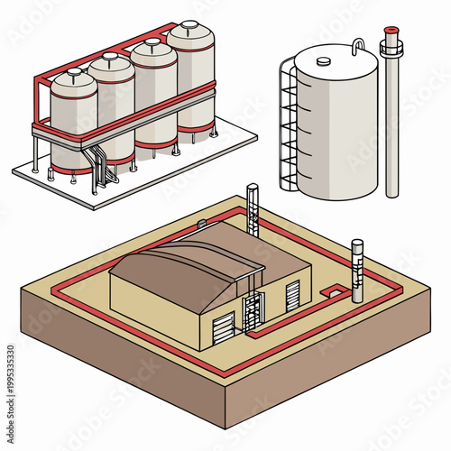 An illustrative diagram showcases an industrial complex featuring storage tanks pipelines a building and a smokestack rendered in a schematic style