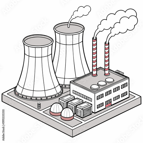 A simplified isometric illustration depicts a power plant with cooling towers and smokestacks emitting plumes of smoke high quality professional detailed modern