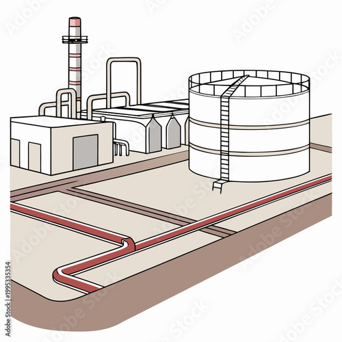 A simplified illustrative depiction showcases an industrial complex featuring storage tanks pipelines and a smokestack high quality professional detailed modern elegant stylish