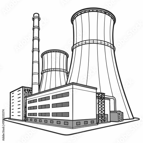 A detailed black and white illustration depicts a power plant with multiple cooling towers and a building structure showcasing industrial architecture