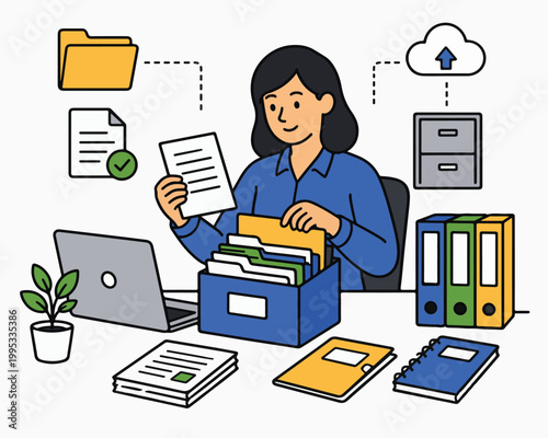 Document Management and File Organization with Office Worker Sorting Records Flat Vector Illustration