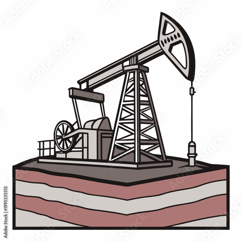 A stylized illustration depicts a classic oil pump rig commonly known as a nodding donkey extracting resources from the earth high quality