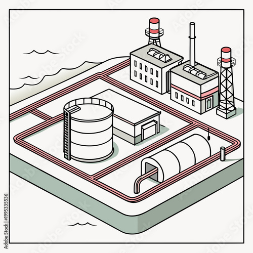 An isometric illustration depicts an industrial complex with storage tanks buildings and pipelines near a body of water high quality professional detailed