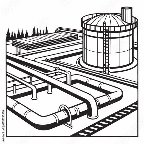 A detailed black and white illustration depicts an industrial complex featuring large storage tanks pipelines and a surrounding platform high quality professional