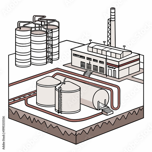 An isometric illustration depicts an industrial complex featuring storage silos factory buildings pipelines and surrounding ground high quality professional detailed modern elegant