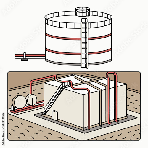 An illustration depicts industrial storage tanks one cylindrical and one rectangular connected by red piping systems and ladders high quality professional detailed