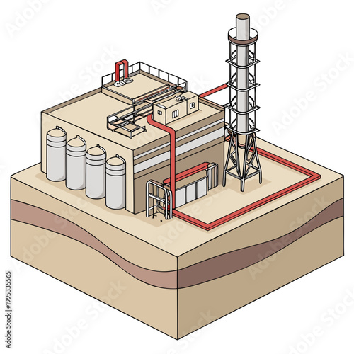 An isometric illustration depicts a complex industrial facility with storage tanks pipelines and a tall exhaust stack high quality professional detailed modern