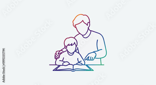 Vibrant outline illustration of a parent teaching child to read, fostering educational development