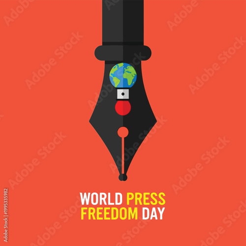 Fountain pen nib with globe and text 'World Press Freedom Day' on red background
