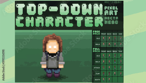 Pixel art top-down character sprite sheet, retro 8-bit game hero with animations, brown hair male avatar vector for RPG and adventure gaming