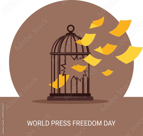 Birdcage broken open with papers flying out, symbolizing freedom of information and press freedom