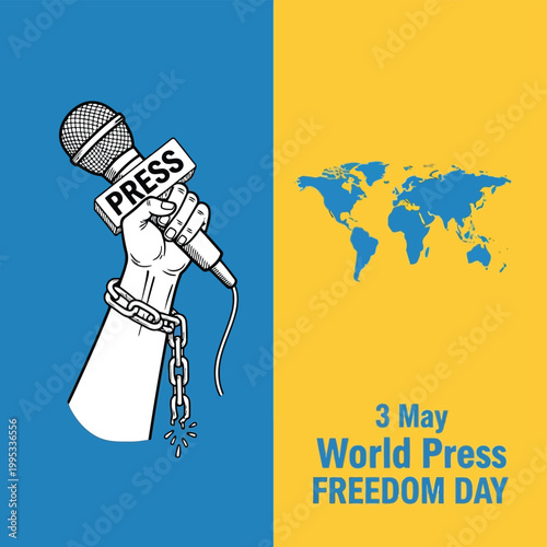 Hand holding microphone with press sign chained, world map and world press freedom day text