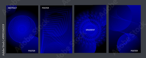Abstract neon blue digital futurism poster set with halftone dot wave patterns and particle fields on dark gradient backgrounds