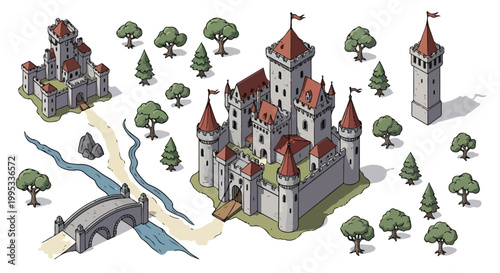 Isometric medieval castle vector set, ancient stone fortress with red roofs, fantasy kingdom map elements with bridge and forest trees