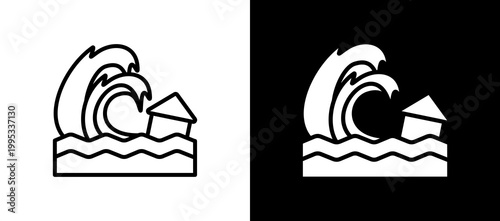 Tsunami Wave Icon Set In Black And White Filled Style Collection