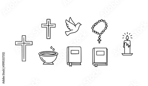 Christian outline icon set with cross dove rosary and baptism symbols in clean linear style