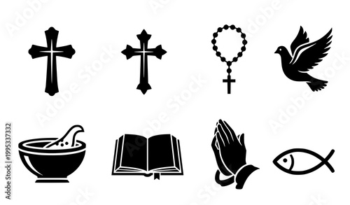 Christian icon set with cross dove rosary bible and baptism symbols in black silhouette style