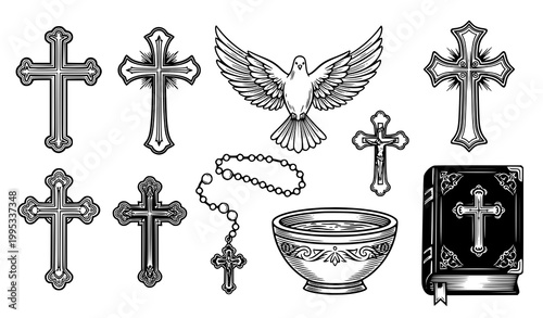 Decorative Christian symbol set with cross dove rosary and bible for Easter and church design