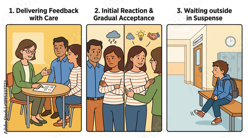 Parent-teacher conference meeting showing feedback delivery emotional reaction and student waiting outside hallway