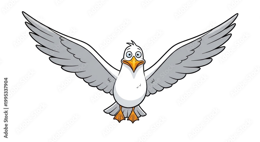 Fototapeta premium A cartoon seagull with white body, gray wings, orange beak and feet, and expressive eyes, flying with outstretched wings