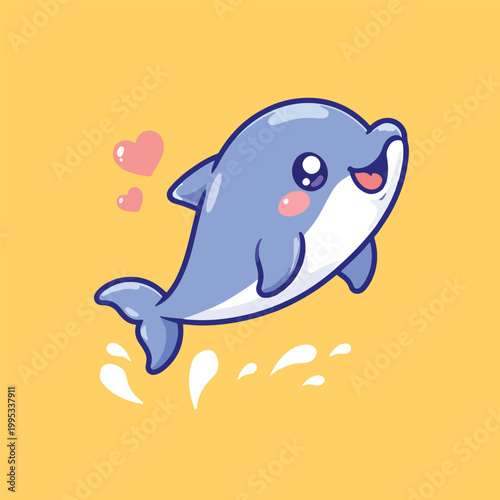 Adorable Blushing Kawaii Dolphin Character in Love with Pink Hearts, Cute Ocean Animal Mascot Leaping with Romantic Expression, Valentine Sea Life Cartoon Clipart