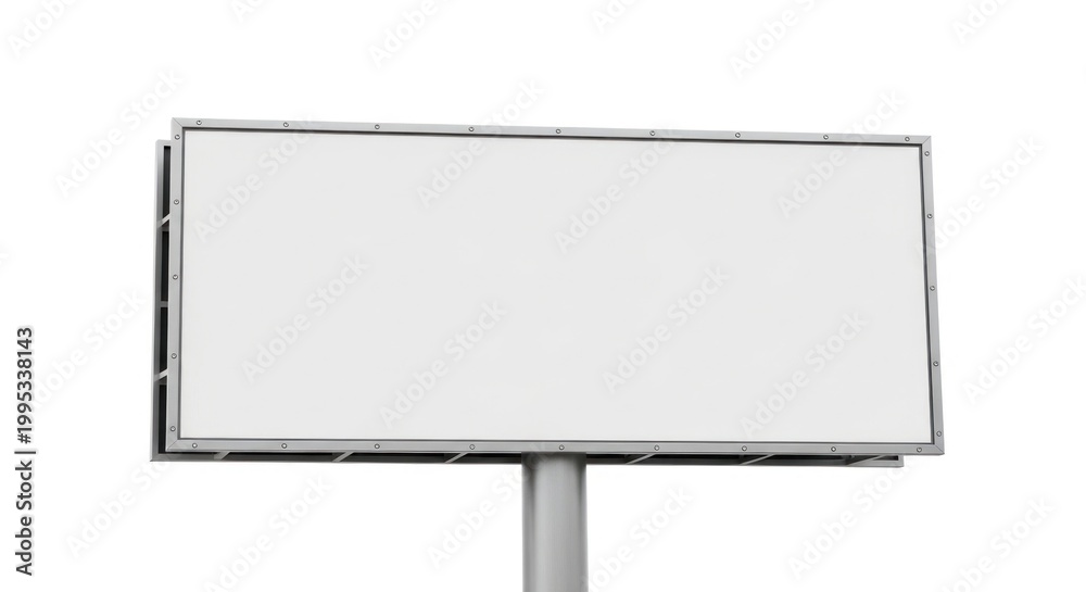 Fototapeta premium A blank white rectangular billboard with a thin metal frame and a short cylindrical post