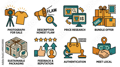 Online reselling tips and second-hand marketplace selling best practices illustration icon set