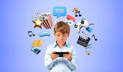 Child focused on gadget with floating entertainment icons in colorful style on gradient background showing concept of online distraction and procrastination