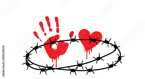 A stark image depicts red handprints and a heart entangled in sharp black barbed wire