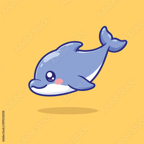 Adorable Kawaii Baby Dolphin Character Hovering Mid Air with Sweet Smile, Cute Chubby Ocean Animal Mascot, Children Marine Life Cartoon Clipart Sticker