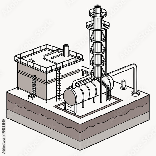An isometric illustration depicts an industrial complex featuring a distillation column tanks and connecting pipelines on a platform high quality professional detailed